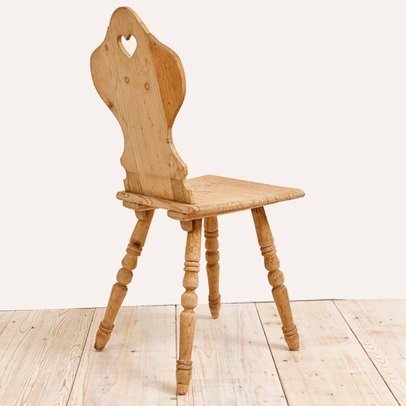 Country Pine Tyrollean Chair with Carved Back with Heart Cut-Out, Austria, circa 1850
