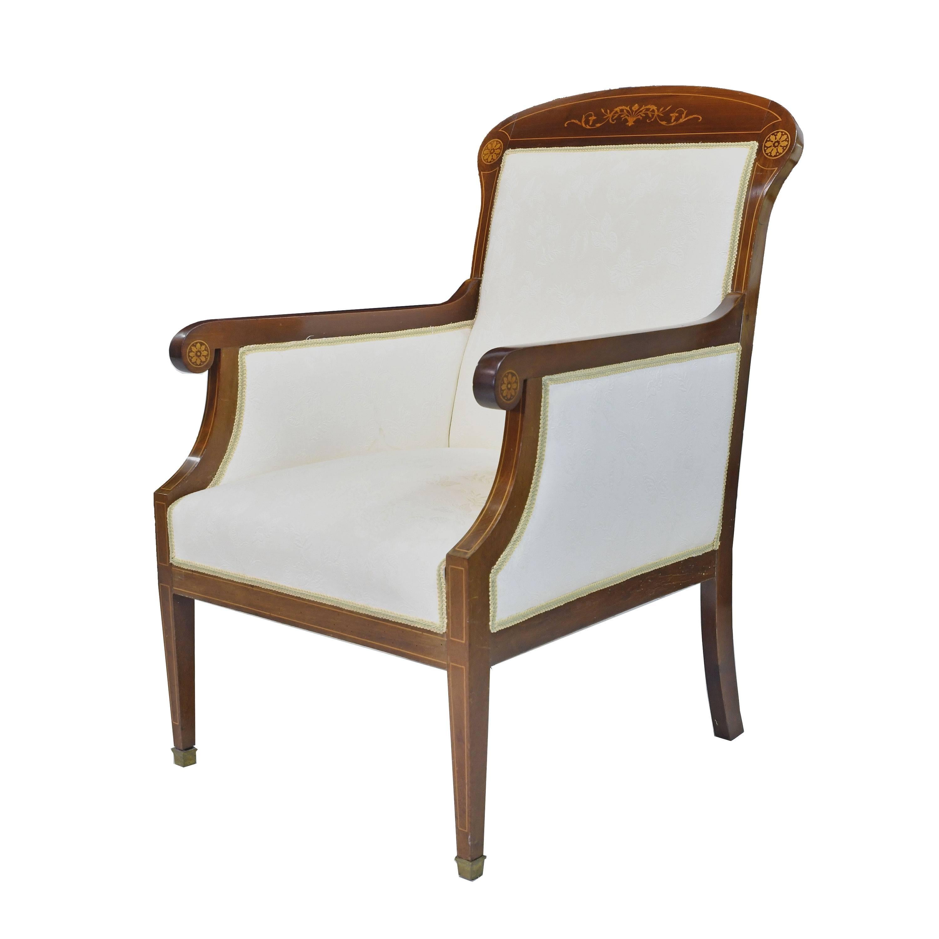 Upholstery Pair of Art Deco Danish Bergères in West Indies Mahogany with Inlays, circa 1910