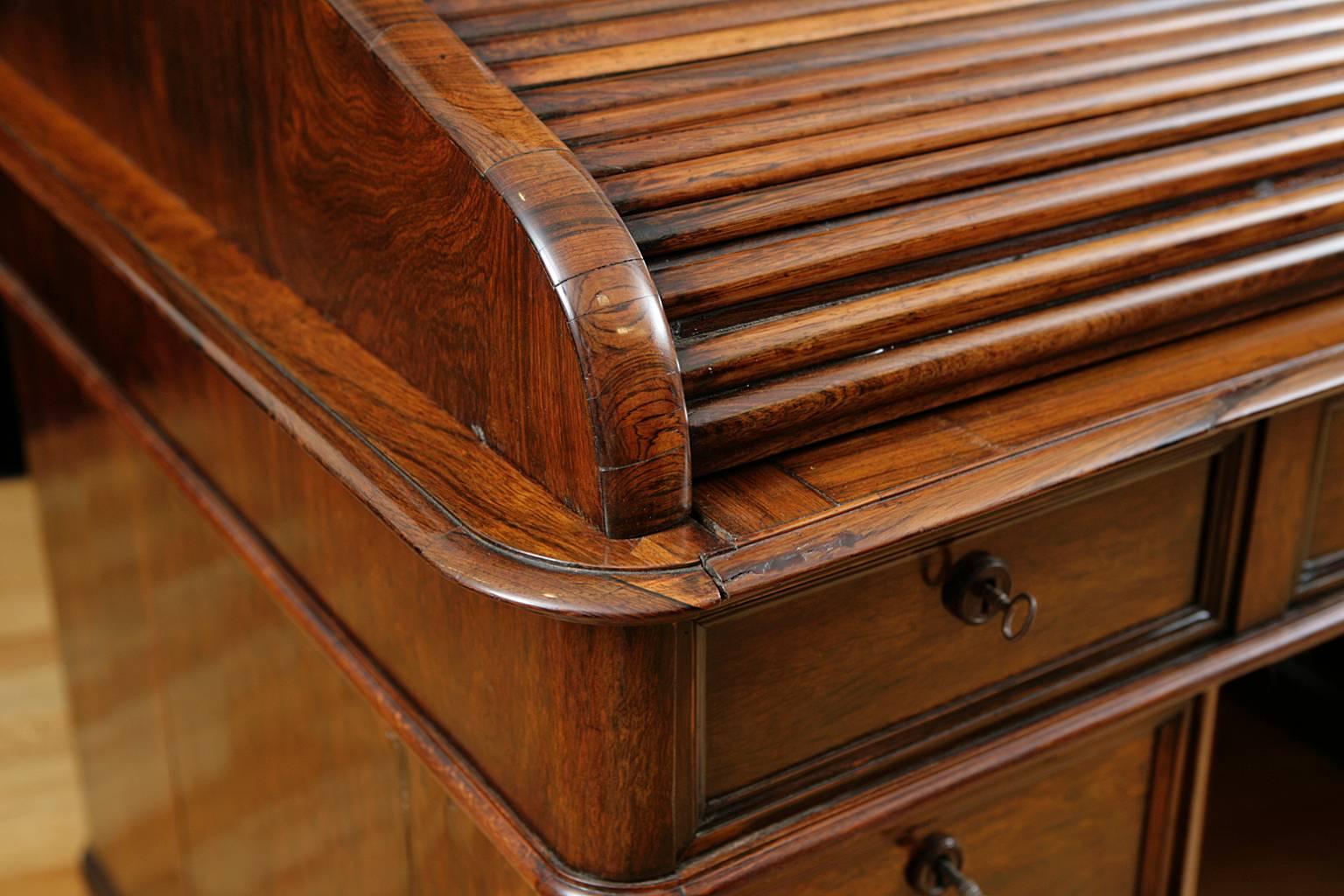 Polished French Napoleon III Tambour Roll-Top Desk in Rosewood, circa 1860