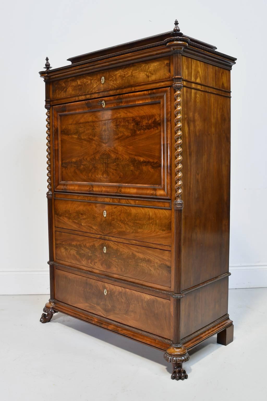 Hand-Carved Early 19th Century Danish Empire Fall-Front Secretary in Cuban Mahogany, c. 1825