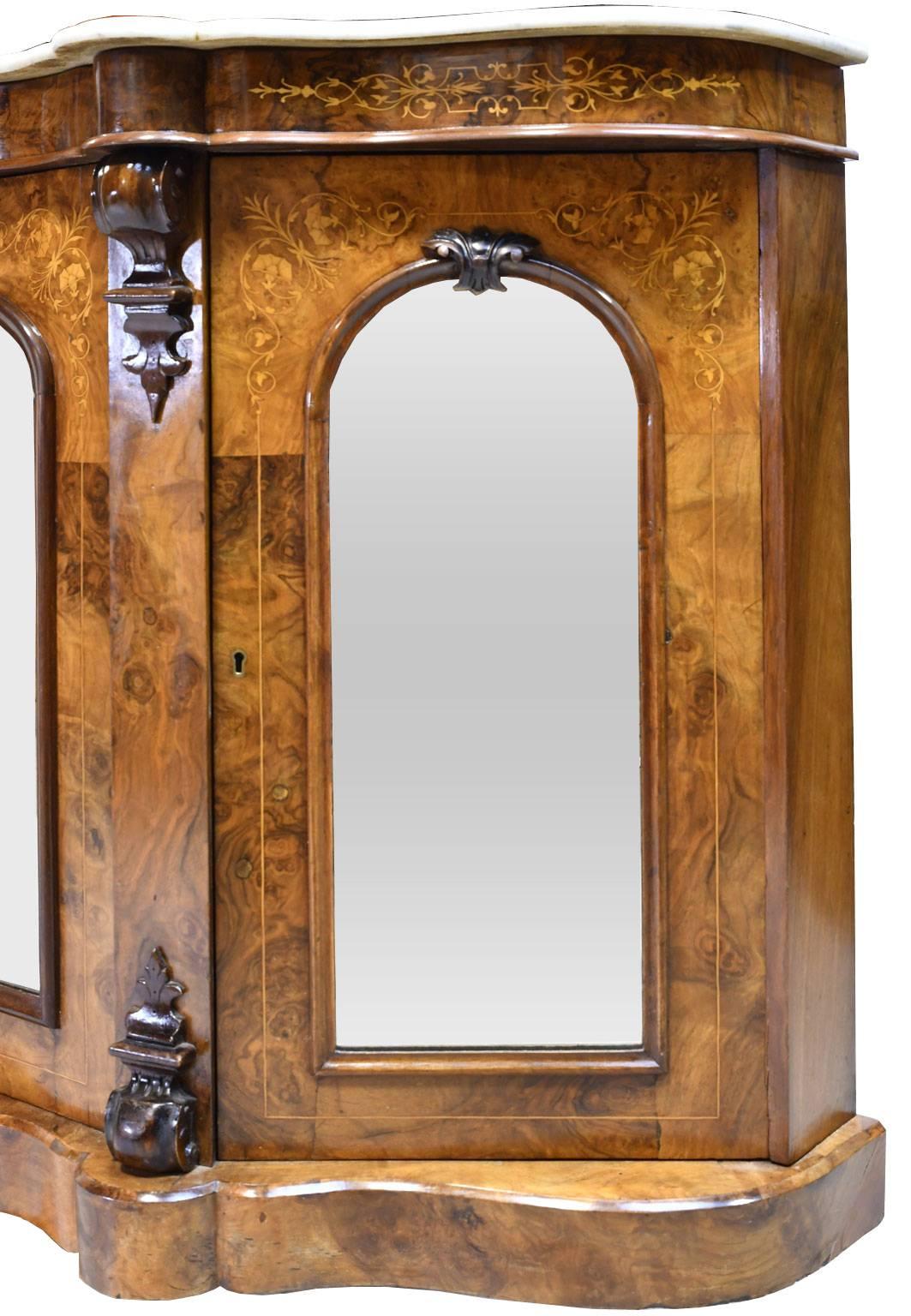 Hand-Carved 19th Century English Victorian Burl Walnut Console w/ White Marble Top & Mirror