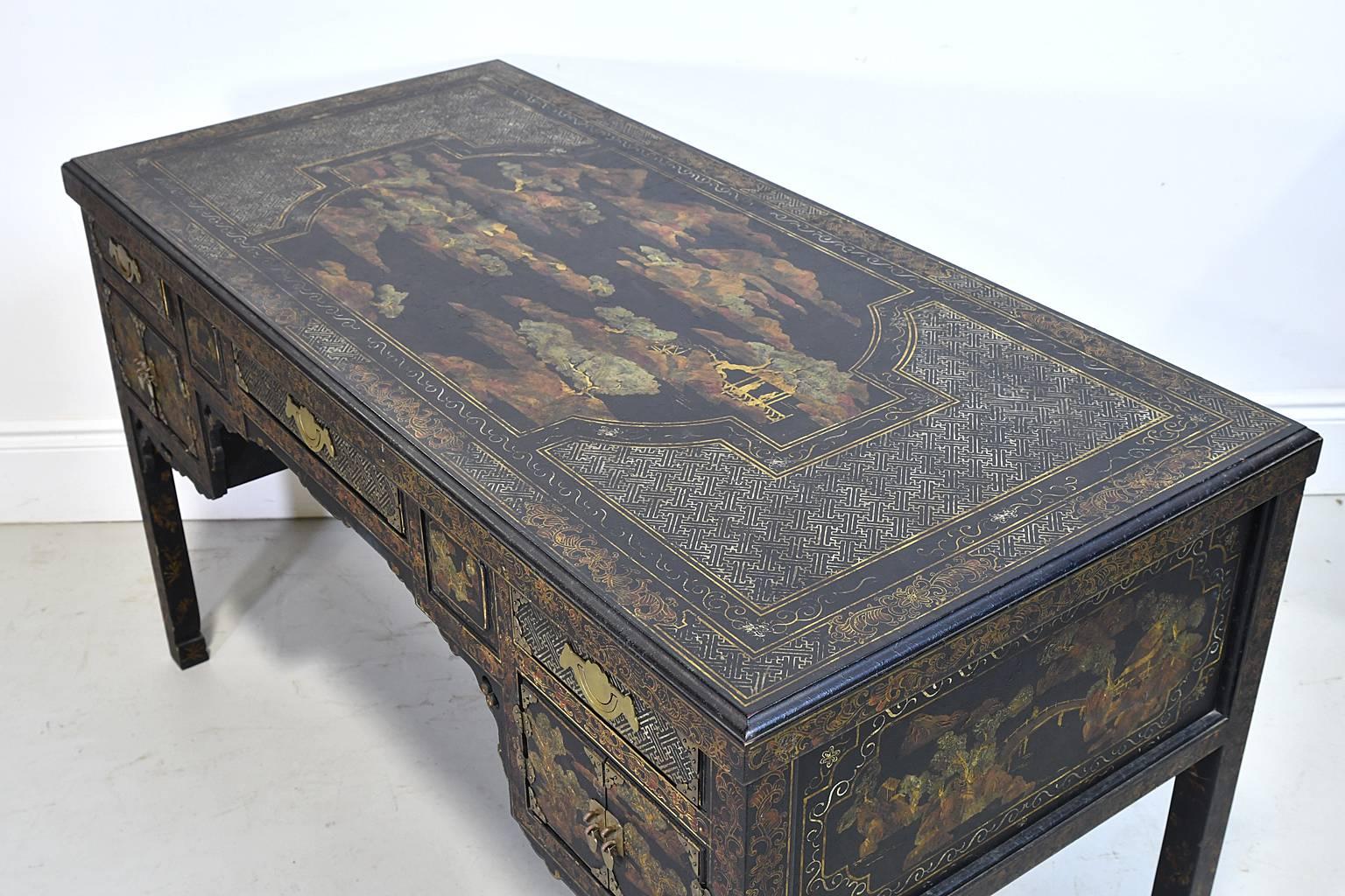 Polychromed 20th Century Queen Anne Revival English Chinoiserie Desk by John Widdicomb