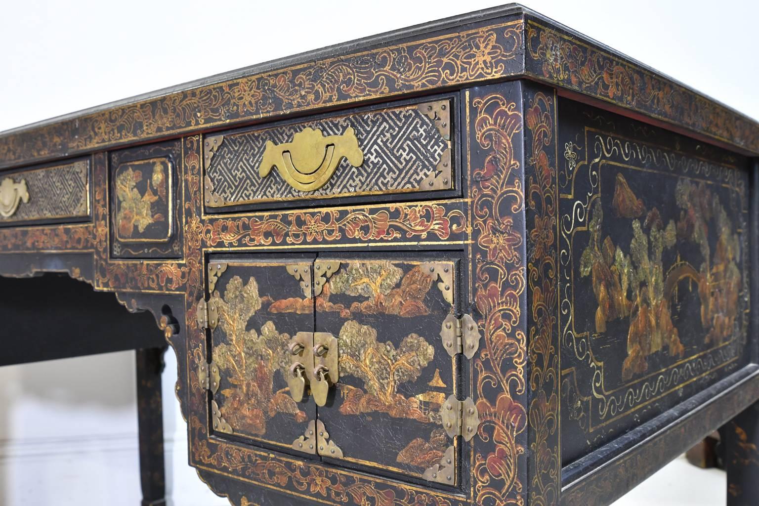 Brass 20th Century Queen Anne Revival English Chinoiserie Desk by John Widdicomb