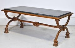 Small Rectangular Coffee Table with Carved Trestle Base & Green Marble Top
