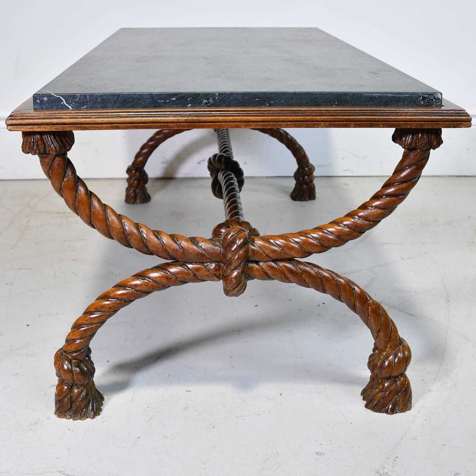 French Small Rectangular Coffee Table with Carved Trestle Base & Green Marble Top