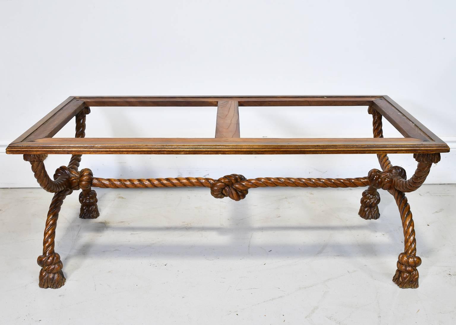 Small Rectangular Coffee Table with Carved Trestle Base & Green Marble Top 4