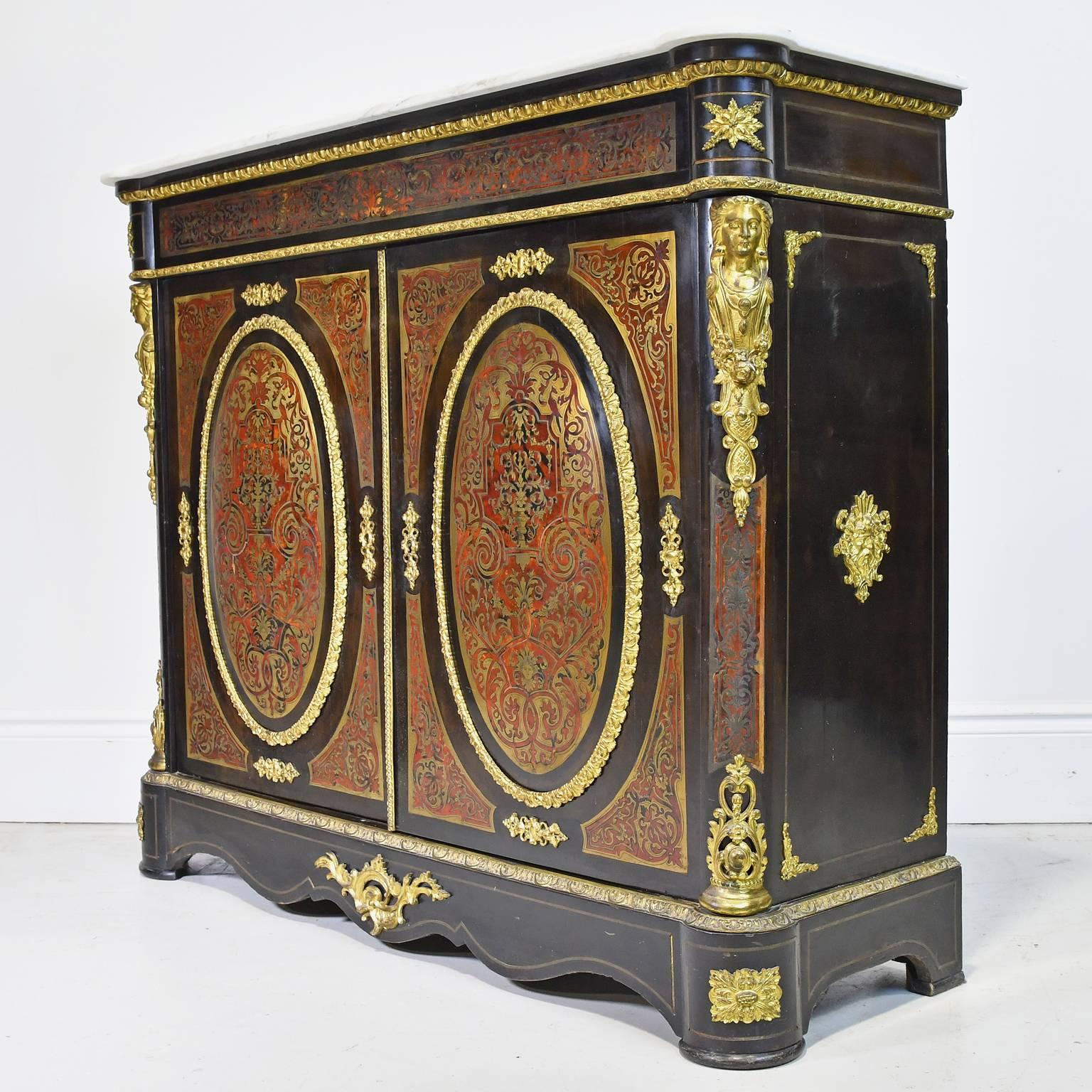 French 19th C. Napoleon III Ebonized Boulle Cabinet w/ Tortoise & Brass Inlays In Fair Condition In Miami, FL