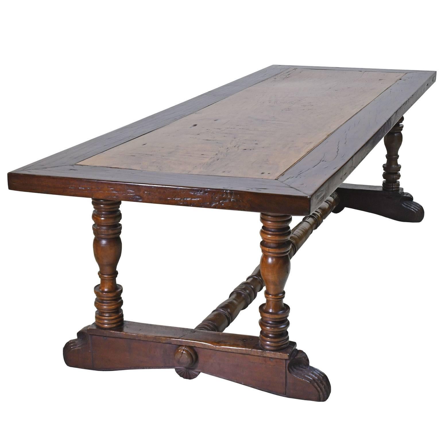 Turned Antique 18th Century Long Spanish-Colonial Dining Table with Trestle-Base