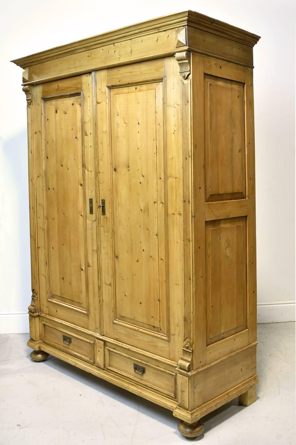 German 19th Century European Two-Door Armoire in Pine with Drawers & Interior Shelves