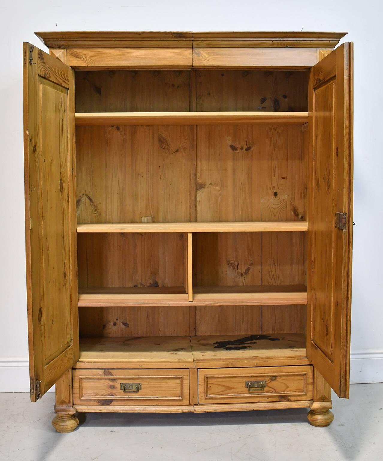 Country 19th Century Two-Door European Armoire in Pine with Two Drawers and Shelves