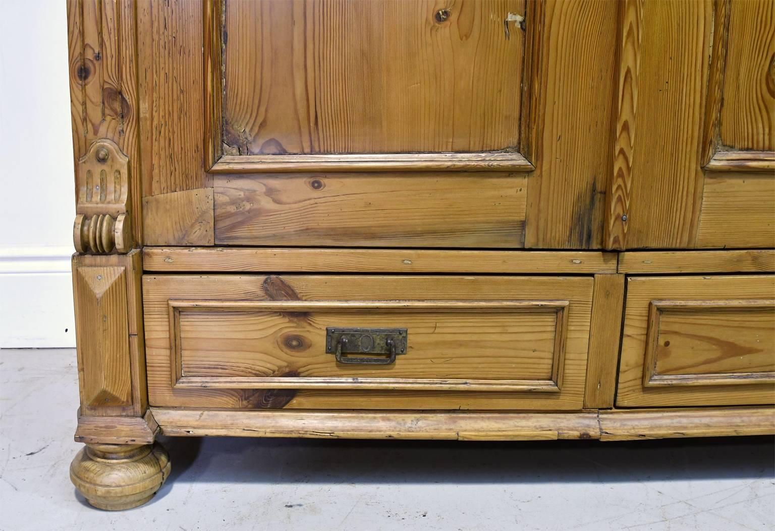 German 19th Century Two-Door European Armoire in Pine with Two Drawers and Shelves