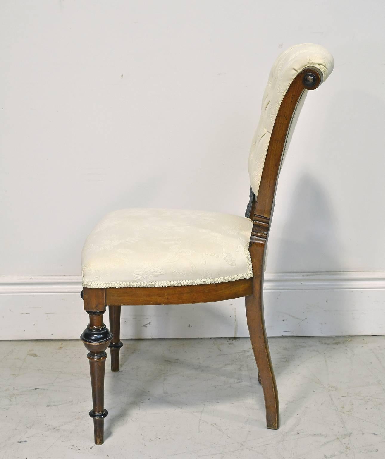 Victorian 19th Century Walnut Side Chair with Ebonized Bandings, Upholstered Seat and Back