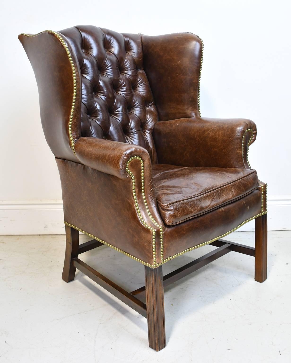 Vintage Chesterfield WingBack Chair with Tufted Brown Leather at