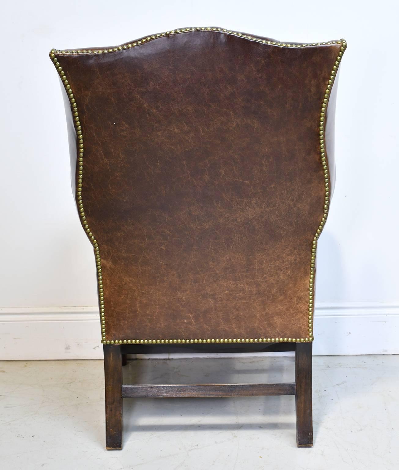English Vintage Chesterfield Wing-Back Chair with Tufted Brown Leather 