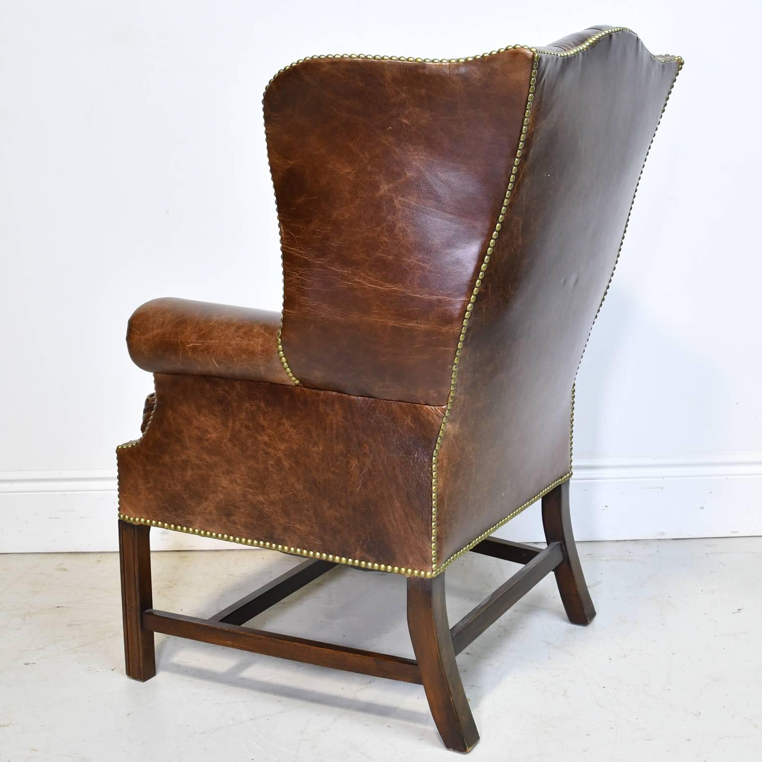 Carved Vintage Chesterfield Wing-Back Chair with Tufted Brown Leather 