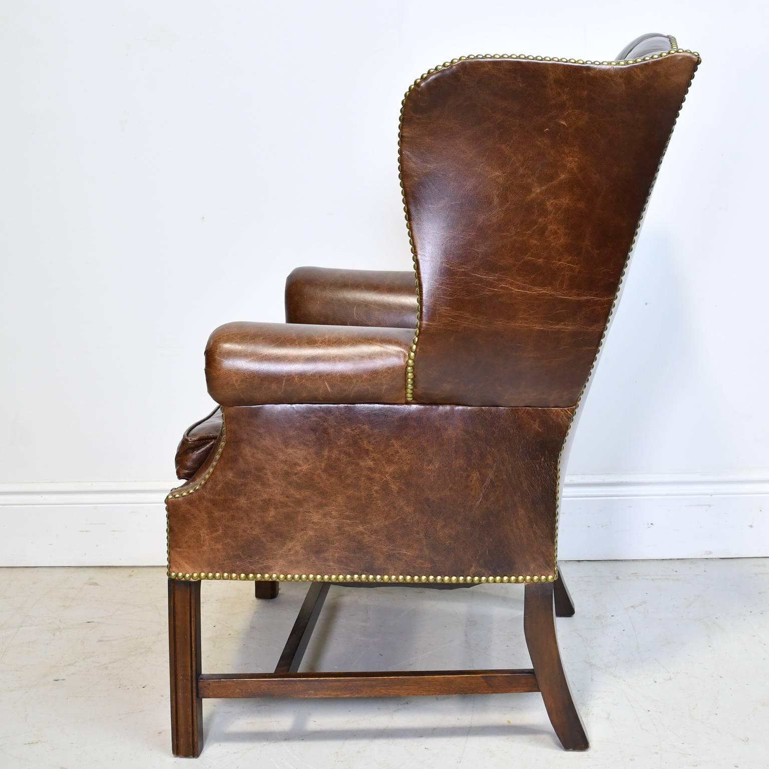 Vintage Chesterfield Wing-Back Chair with Tufted Brown Leather In Good Condition In Miami, FL