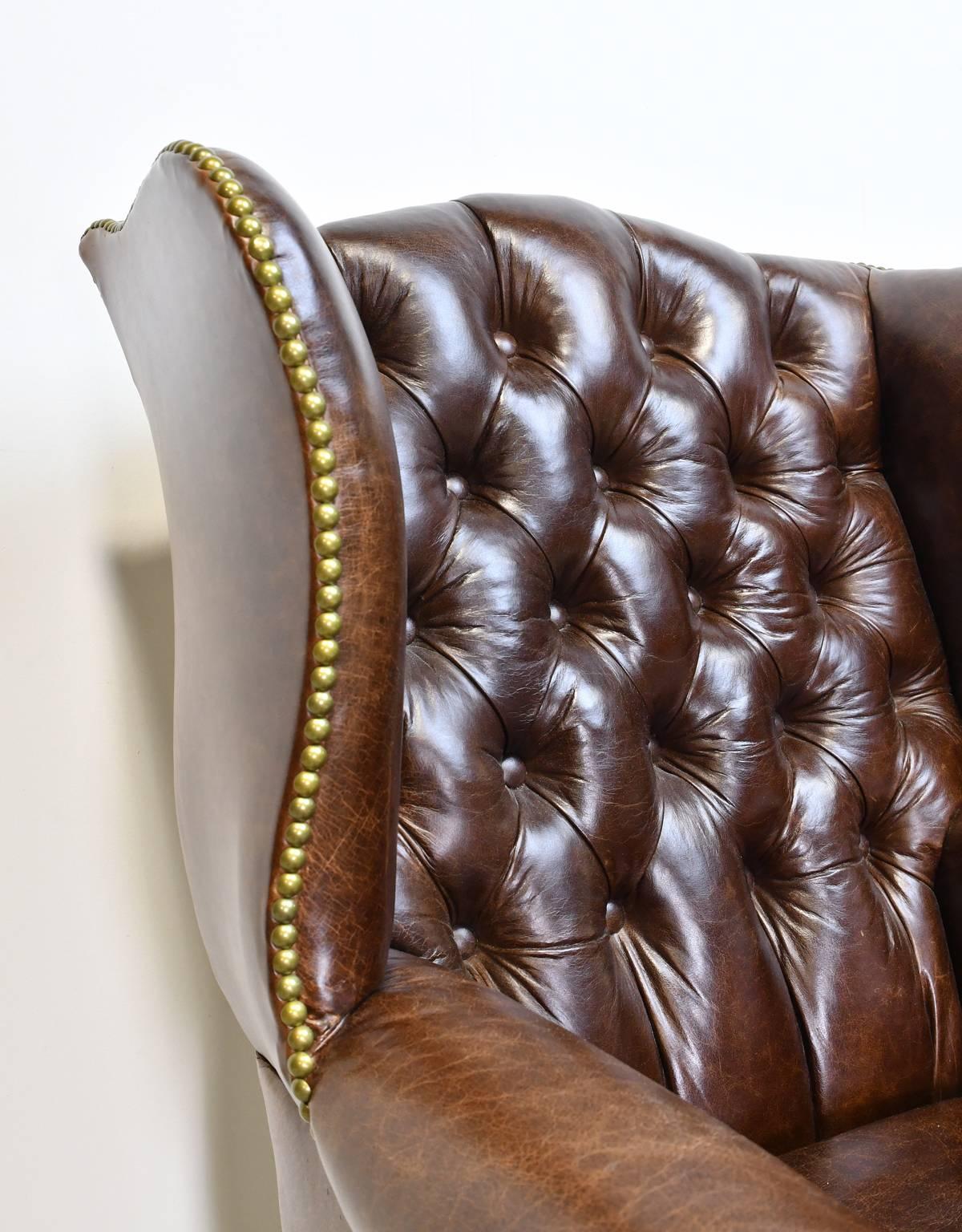 20th Century Vintage Chesterfield Wing-Back Chair with Tufted Brown Leather 