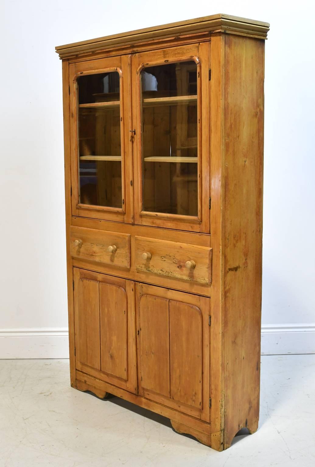19th Century English or Scottish Shallow Cupboard in Pine w/ Glass Doors 2