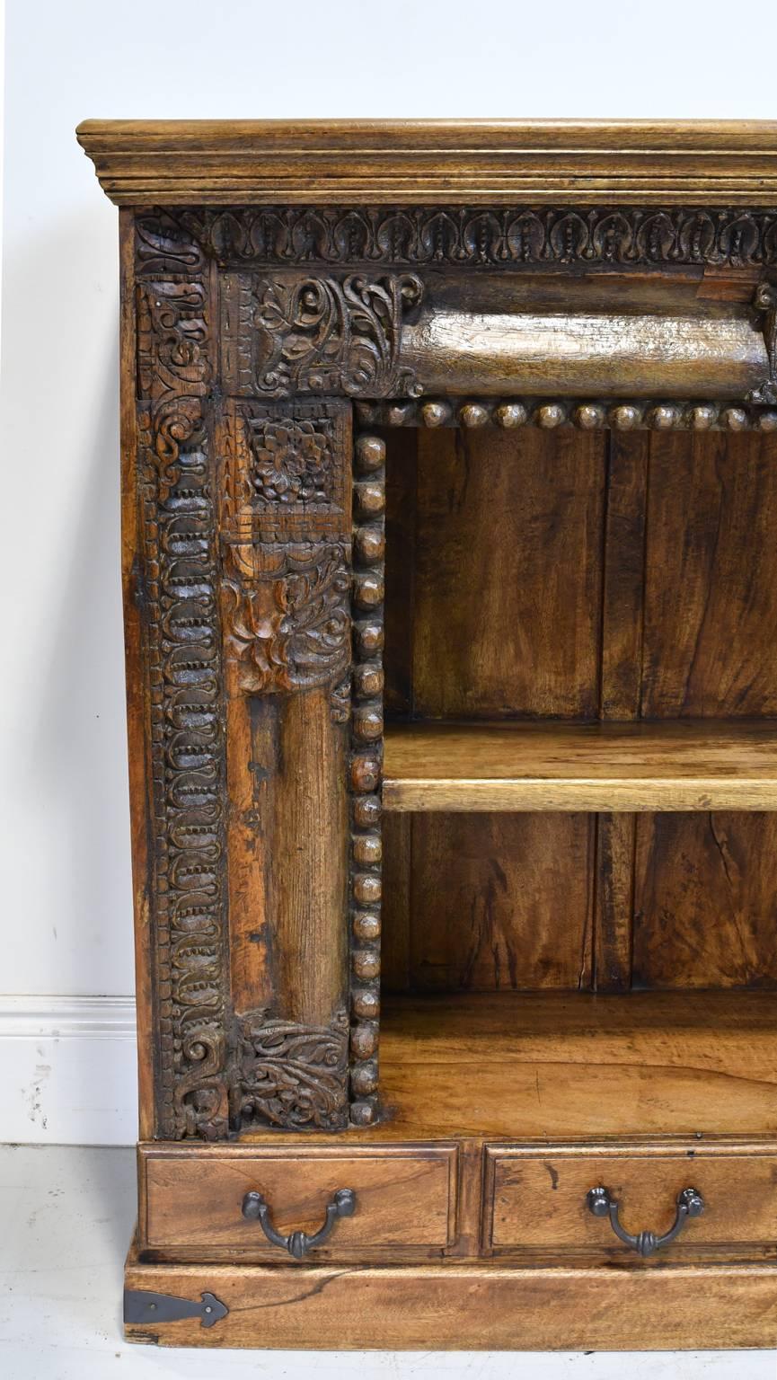 Hand-Carved 20th Century Long Open Asian Bookcase in Teak with Carved Foliage and Flowers