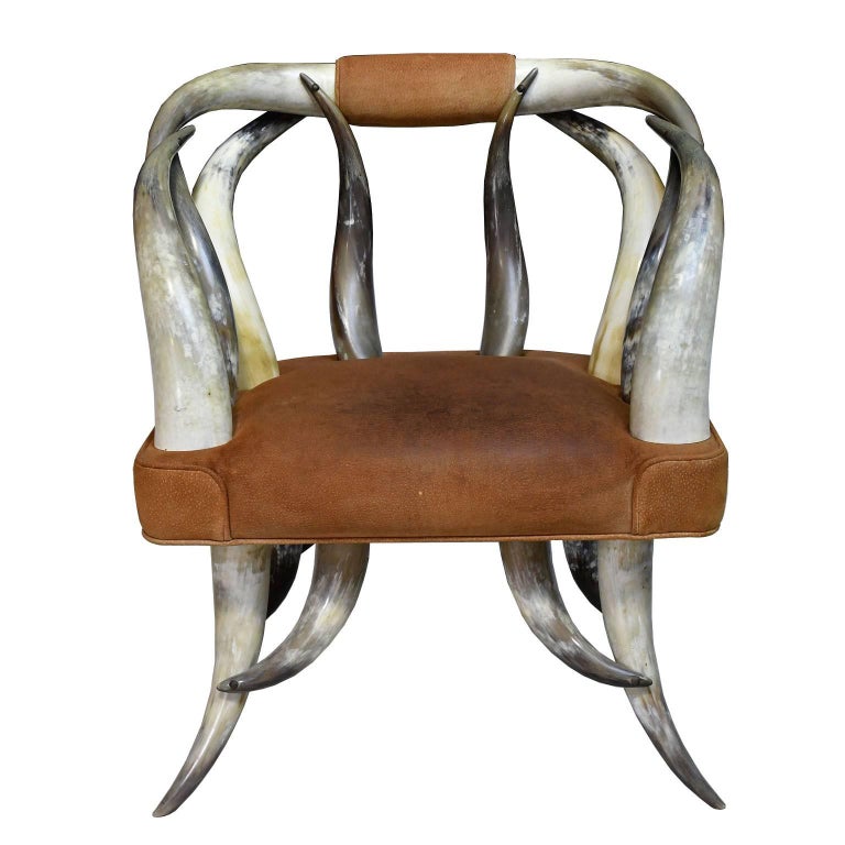 Vintage Rustic American LongHorn Steer Chair with Leather Seat, circa