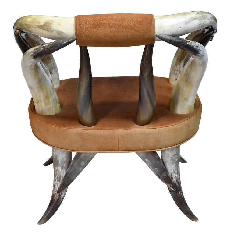 Vintage Rustic American LongHorn Steer Chair with Leather Seat, circa