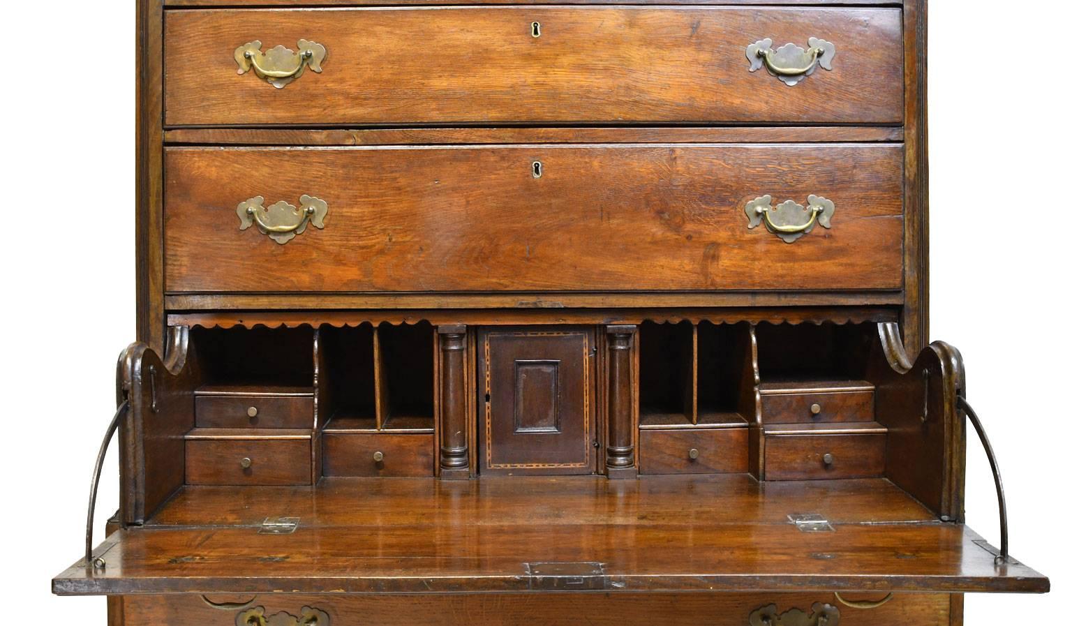 Hand-Carved 18th Century English George III Chest on Chest in Oak with Pull Out Secretary