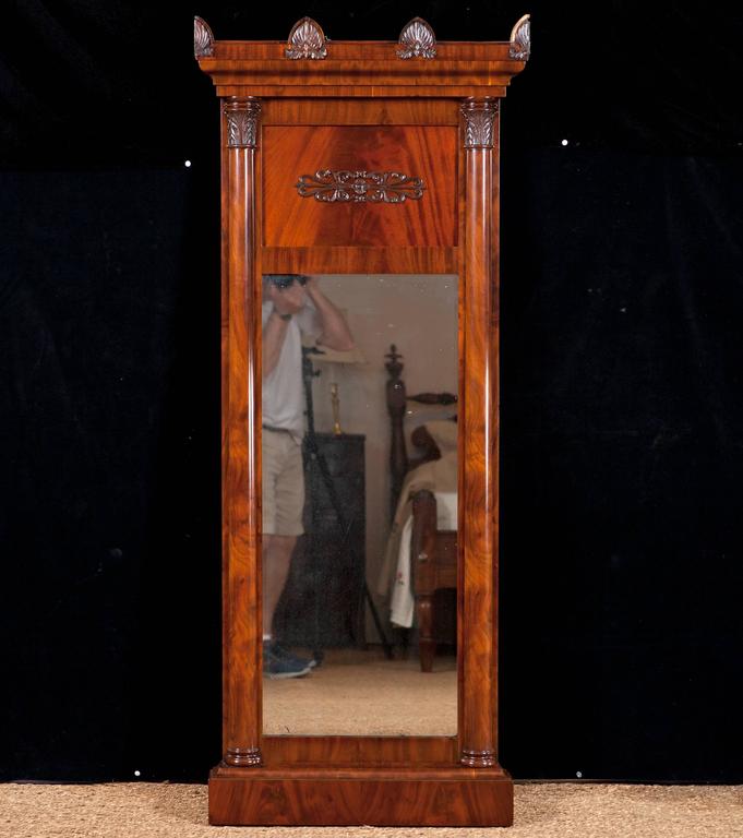 Large Empire Mirror in Cuban Mahogany with Columns and Carved Capitals