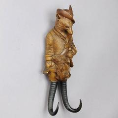 Rustic Carved Wood Hunter Fox Coat Hook with Music