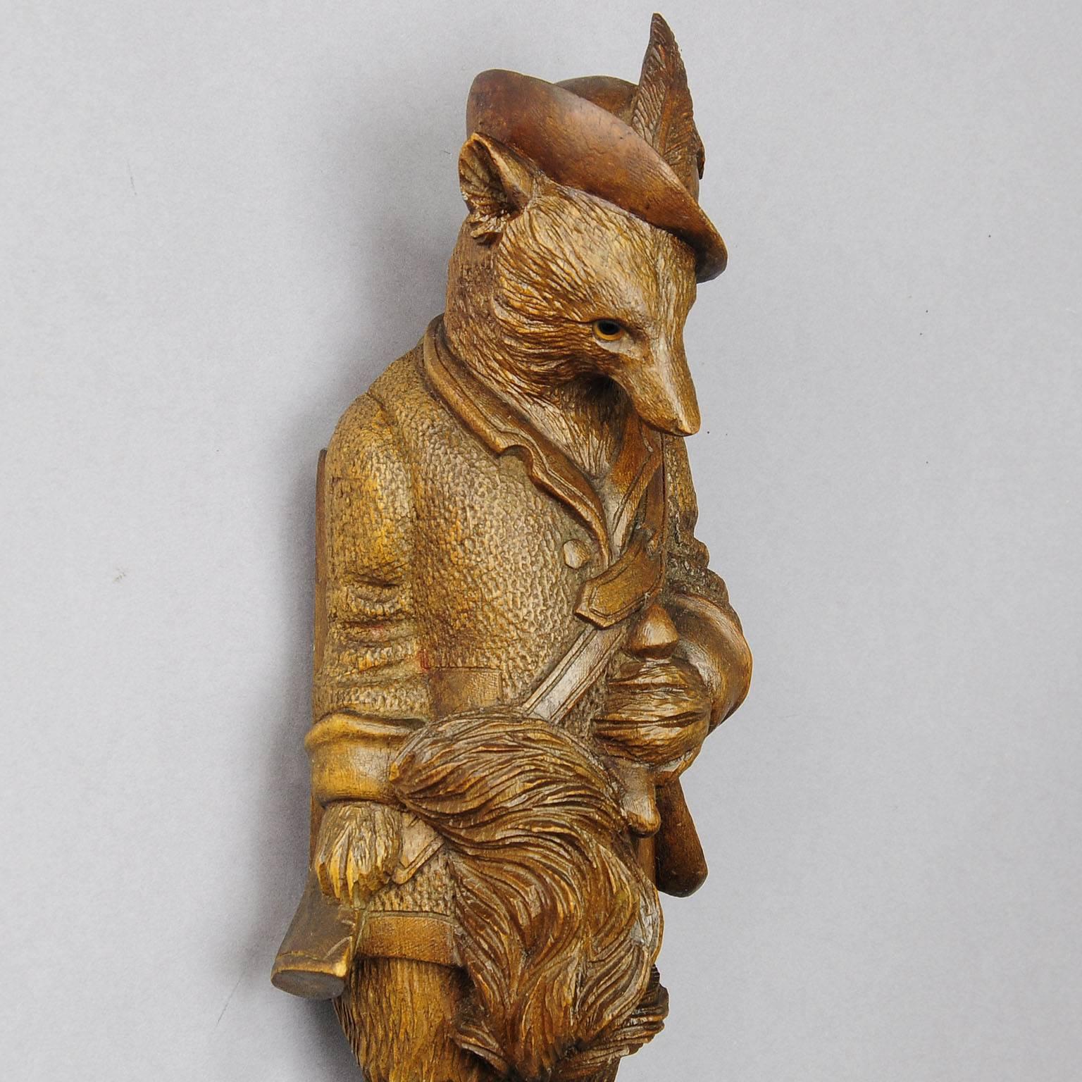 19th Century Rustic Carved Wood Hunter Fox Coat Hook with Music