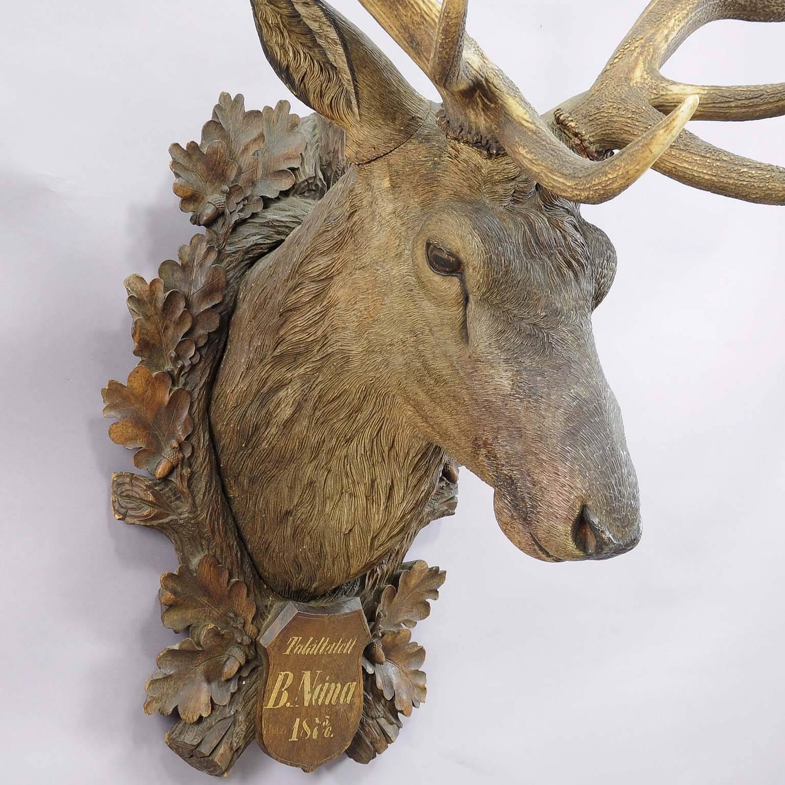 Black Forest Large Antique Wooden Carved Stag's Head by Heissl