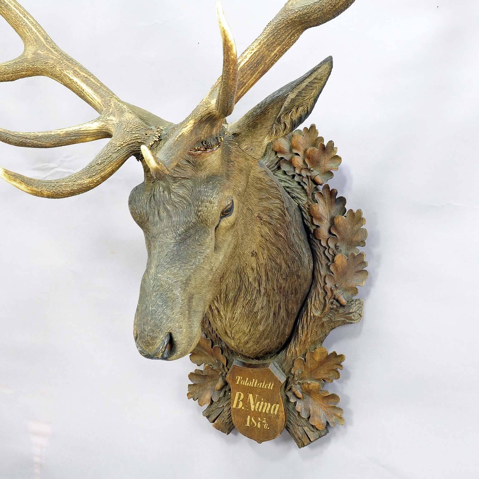 Austrian Large Antique Wooden Carved Stag's Head by Heissl