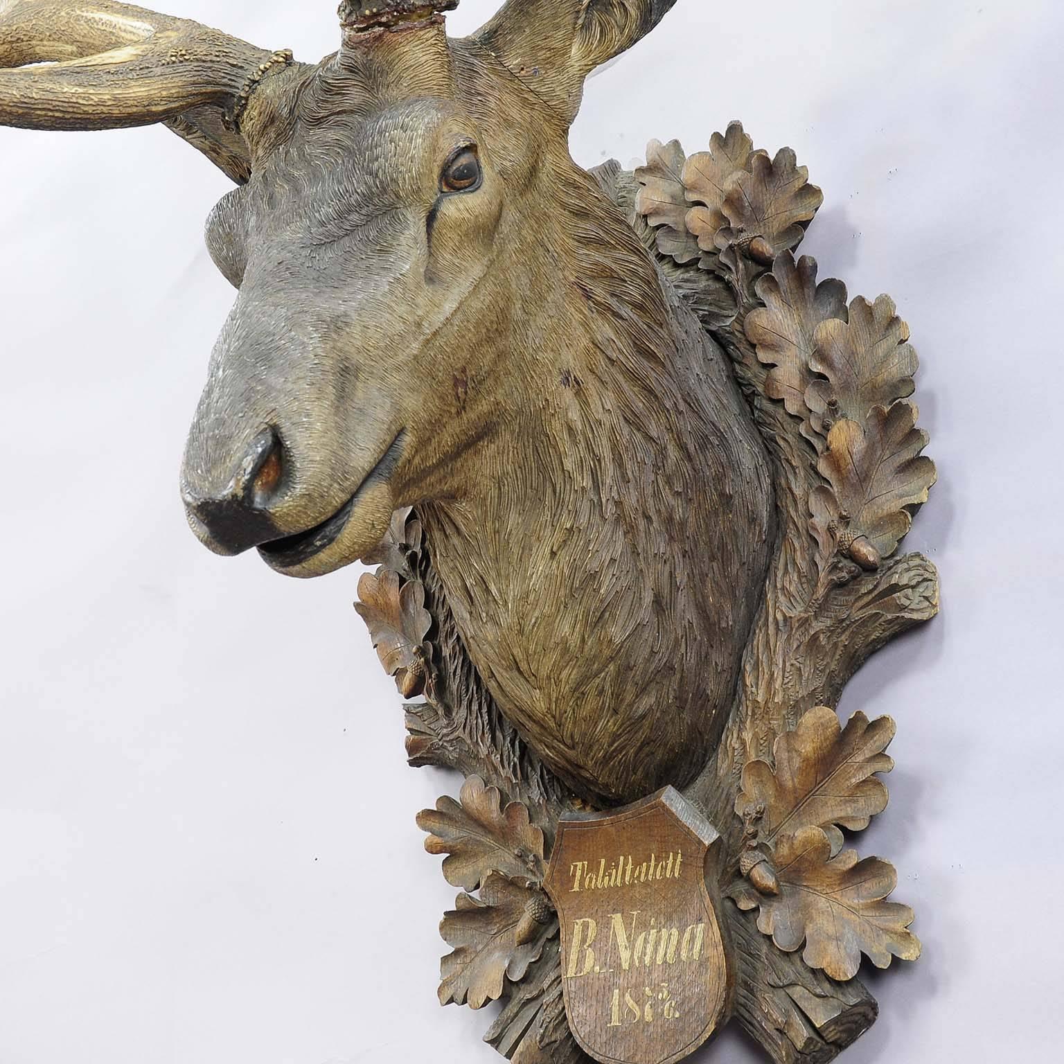 19th Century Large Antique Wooden Carved Stag's Head by Heissl