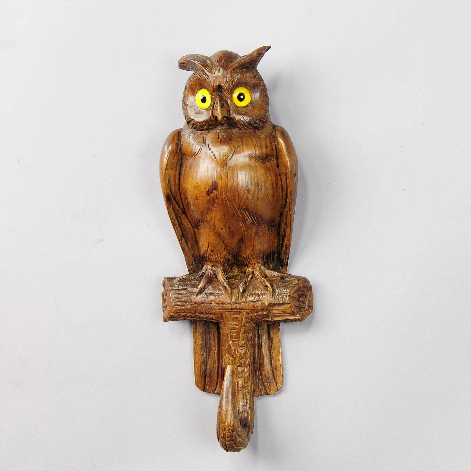 German Antique Black Forest Carved Wood Owl Whip Hook
