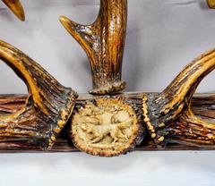 Antique Antler Frame with Naive Alpine Oil Painting