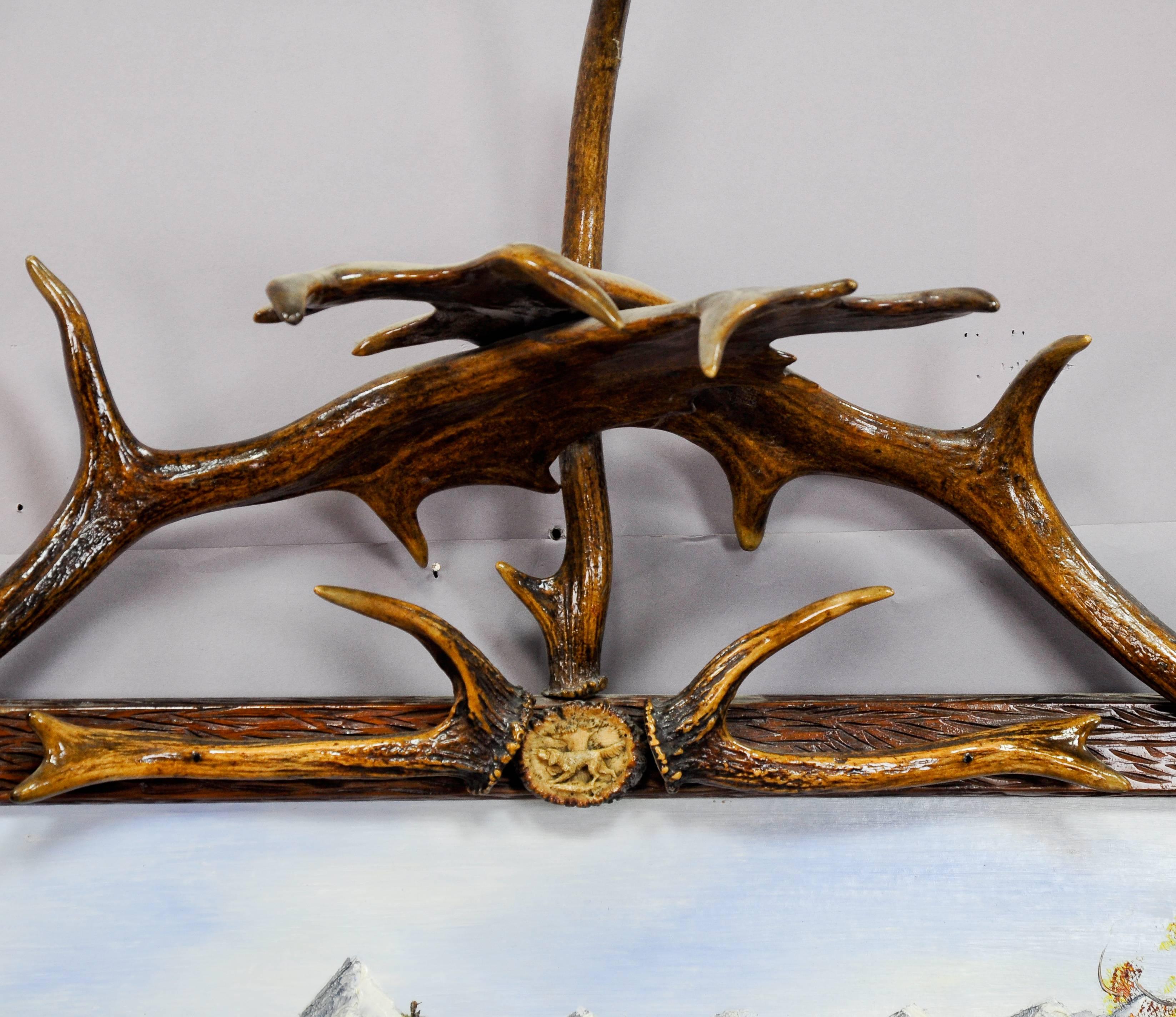 Black Forest Antique Antler Frame with Naive Alpine Oil Painting