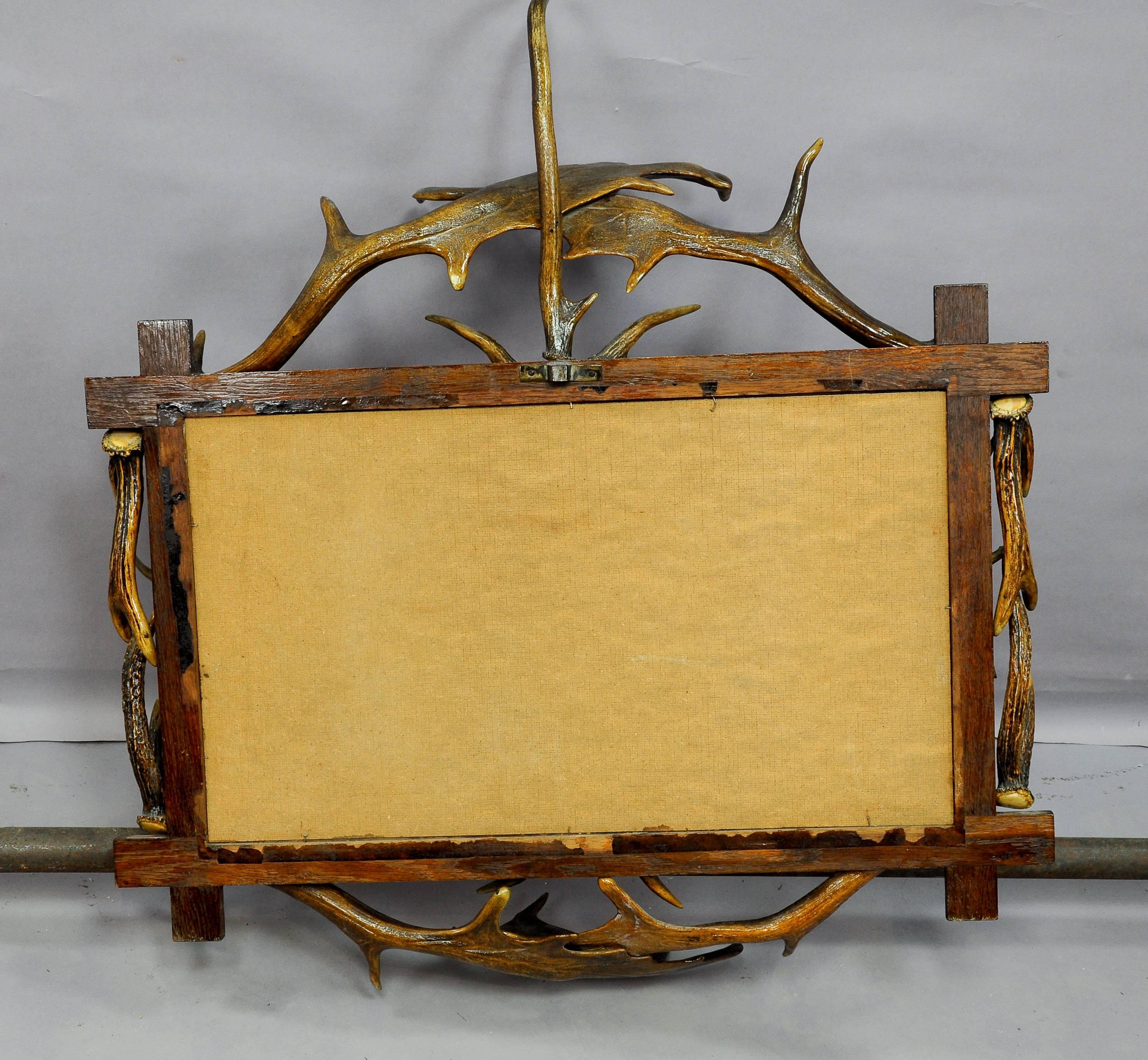 Antique Antler Frame with Naive Alpine Oil Painting 1
