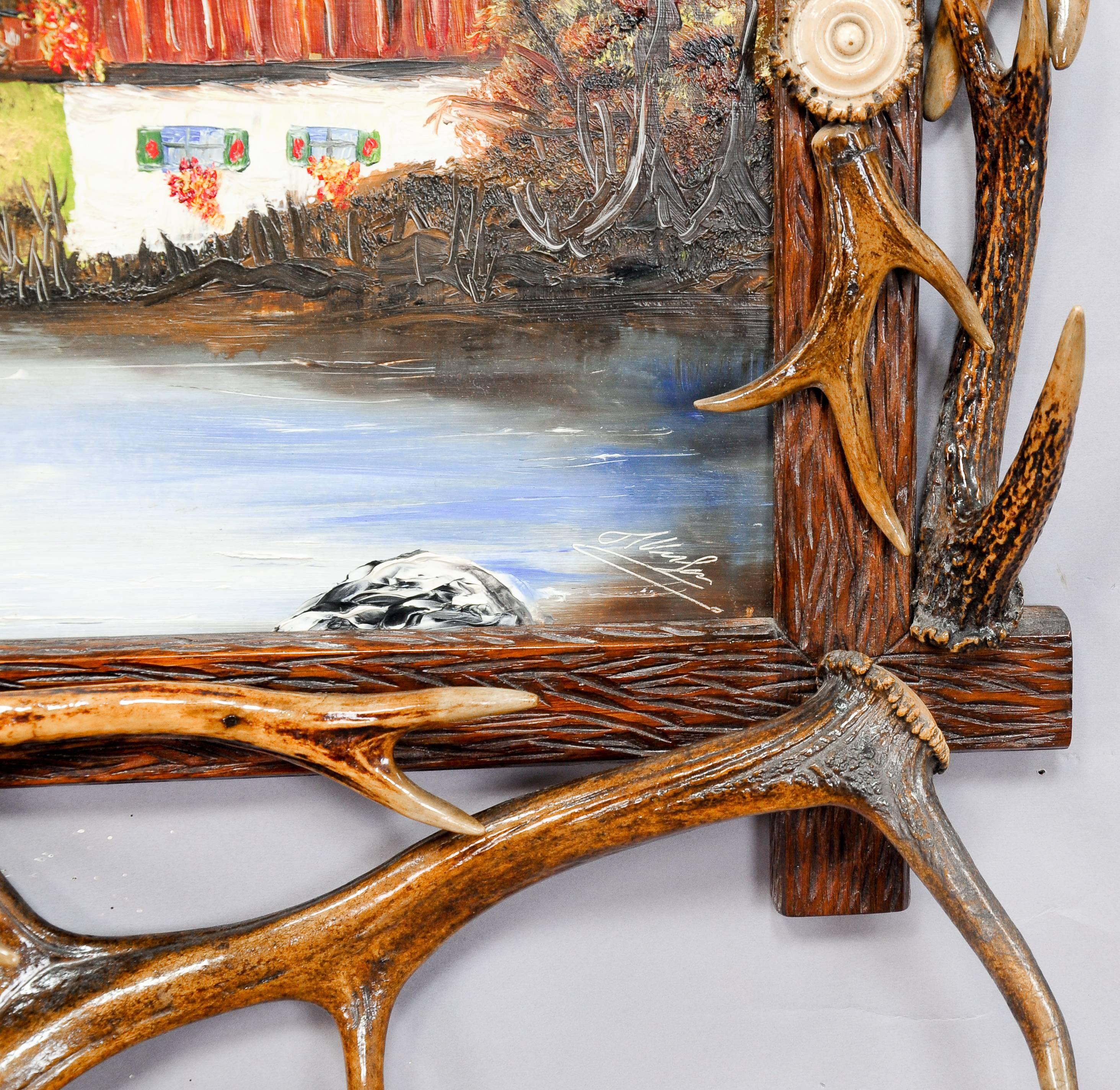 German Antique Antler Frame with Naive Alpine Oil Painting