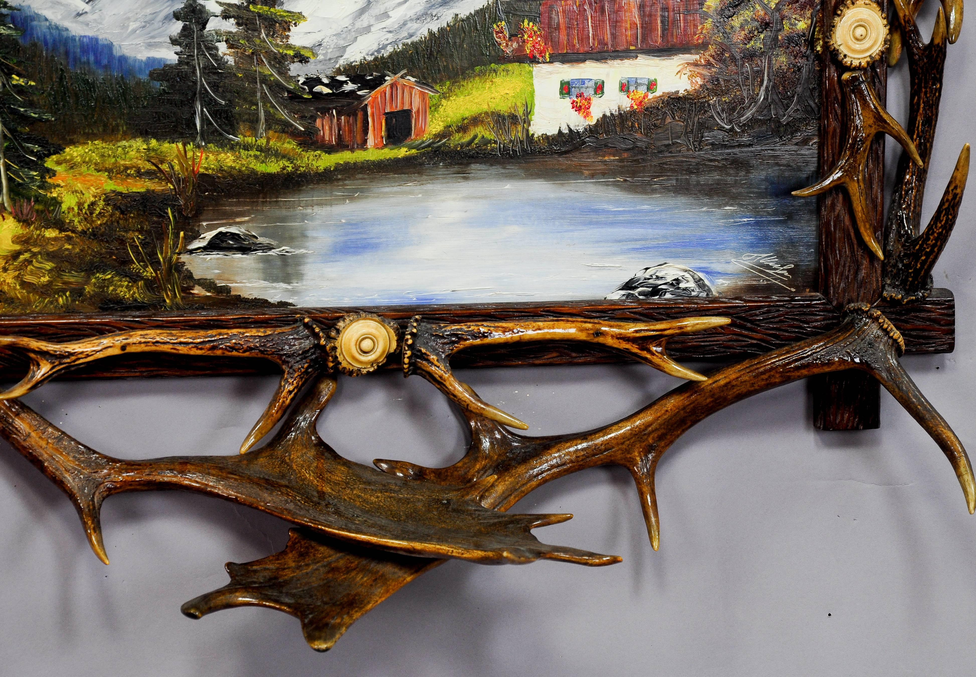 Antique Antler Frame with Naive Alpine Oil Painting In Good Condition In Berghuelen, DE