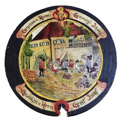 Antique Folksy Hand-Painted Shooting Target with Village Live Scene