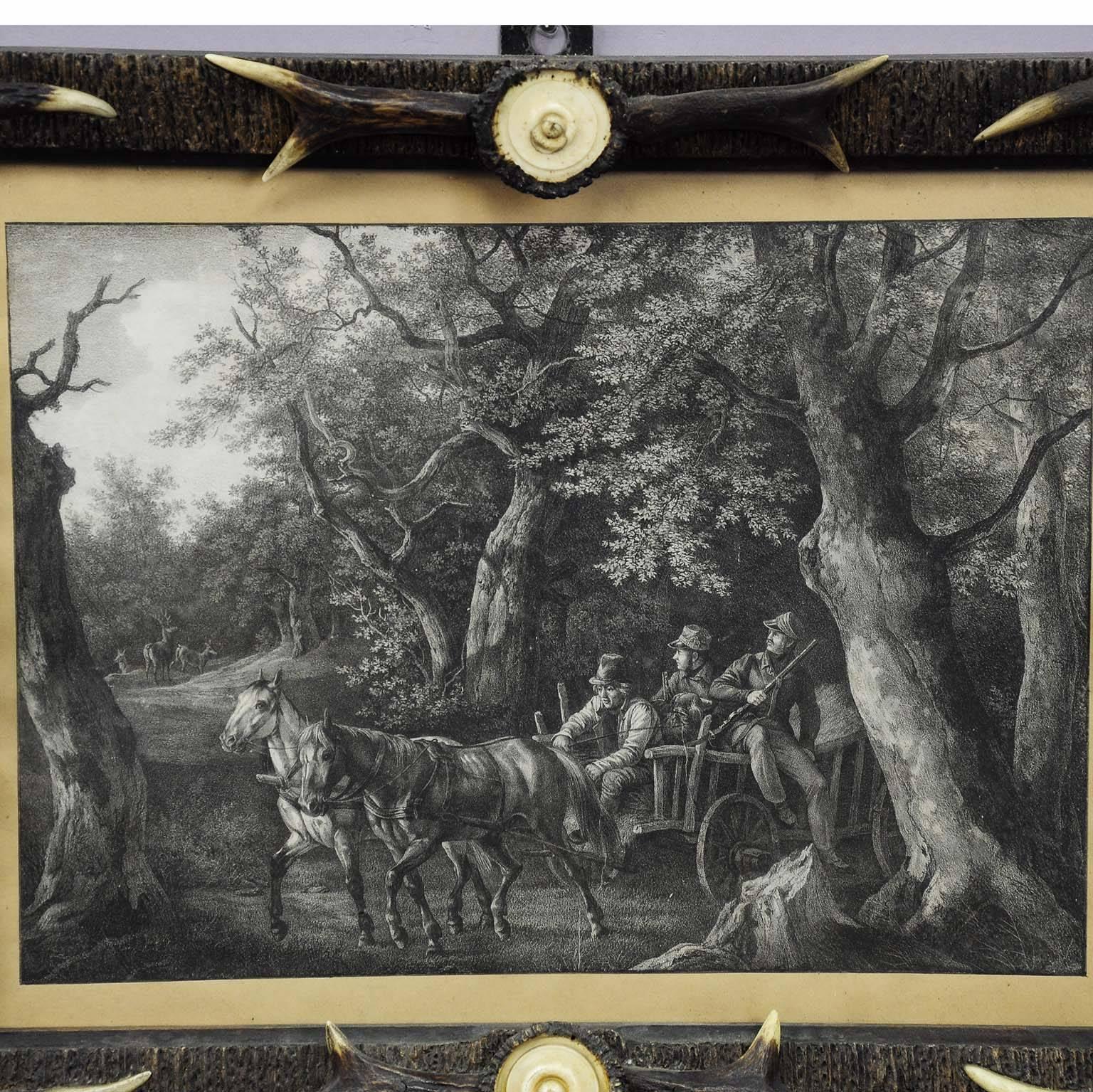 Black Forest Rare Antique Antler Picture Frame with Print, circa 1900