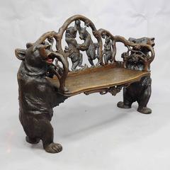 Antique Carved Wood Bear Bench, Swiss Brienz, circa 1900