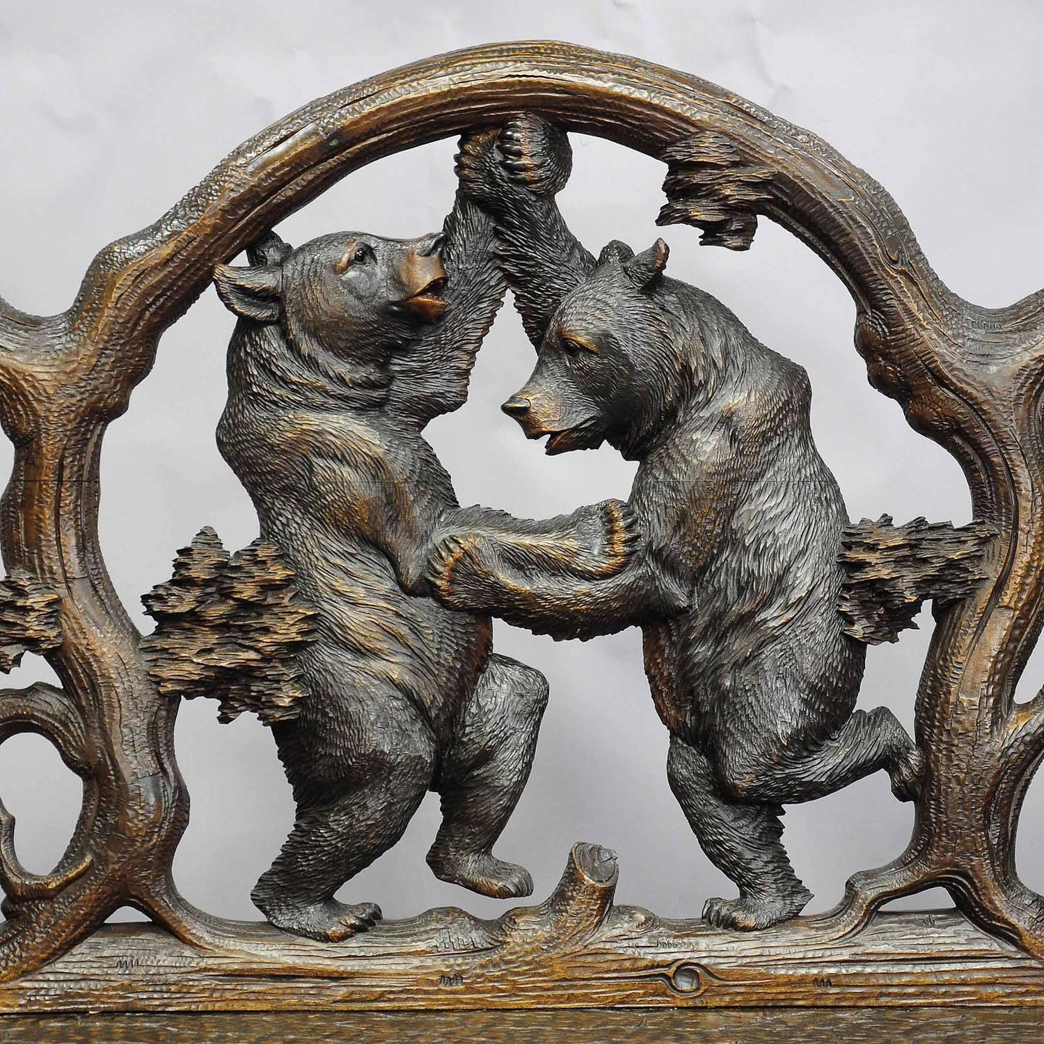 wood carved bear bench
