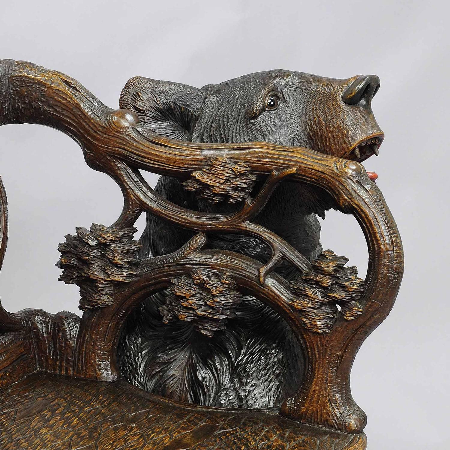 Antique Carved Wood Bear Bench, Swiss Brienz, circa 1900 2