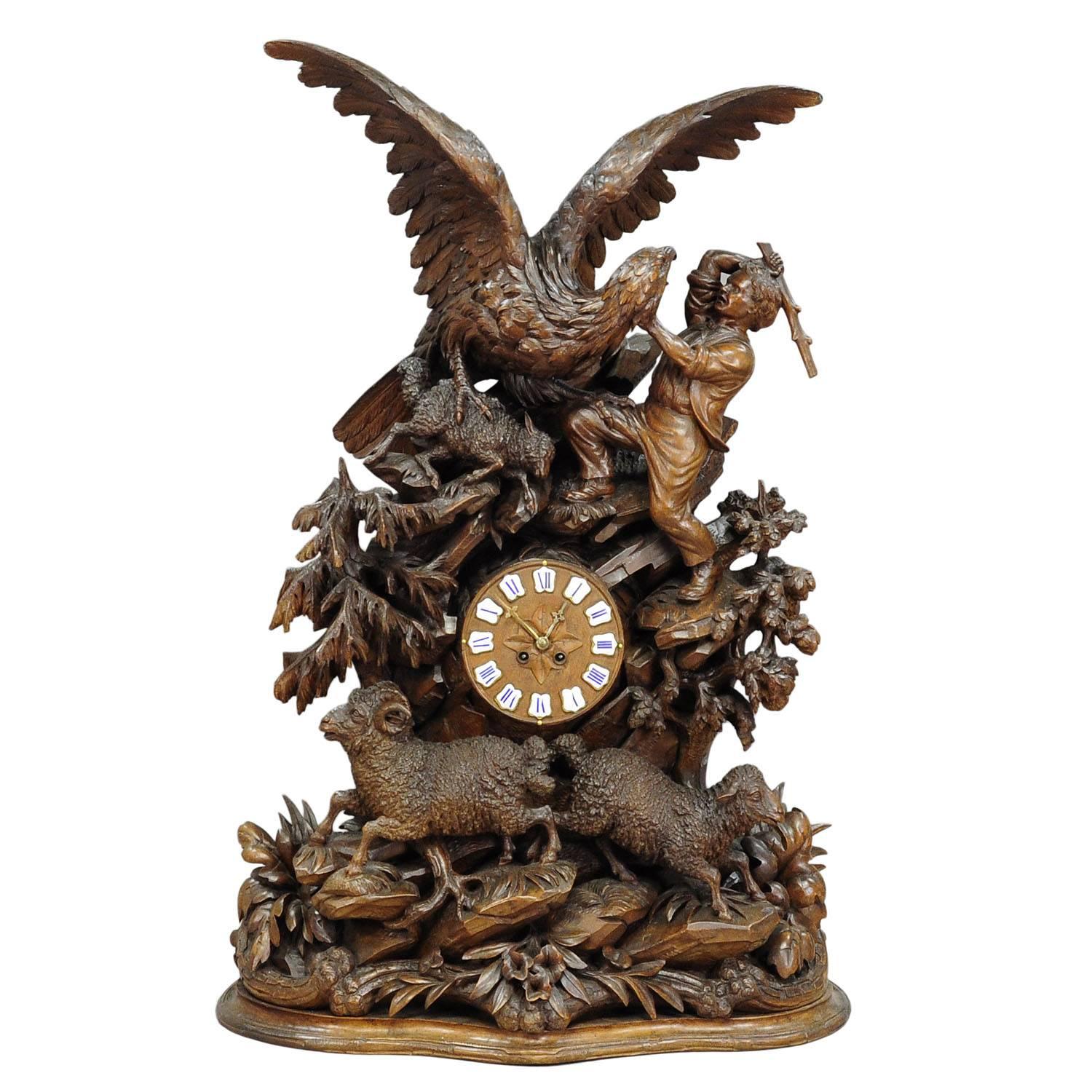 Black Forest Wooden Carved Mantel Clock with Eagle and Shepherd