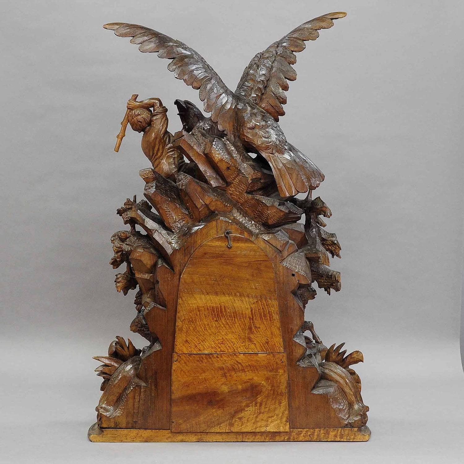 Black Forest Wooden Carved Mantel Clock with Eagle and Shepherd 3