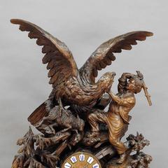 Black Forest Wooden Carved Mantel Clock with Eagle and Shepherd