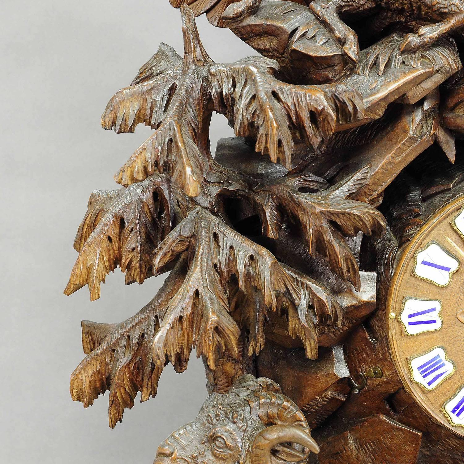Black Forest Wooden Carved Mantel Clock with Eagle and Shepherd In Excellent Condition In Berghuelen, DE