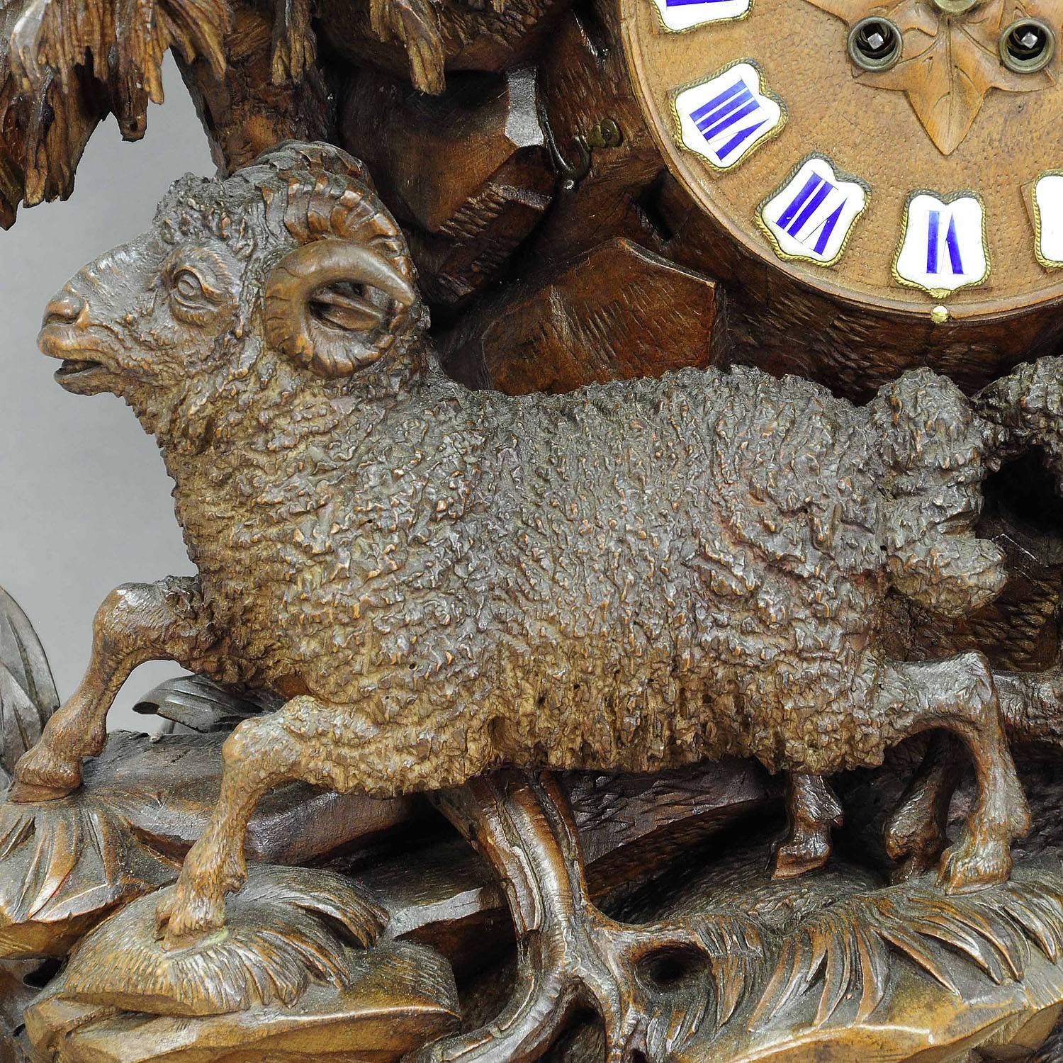 Black Forest Wooden Carved Mantel Clock with Eagle and Shepherd 2