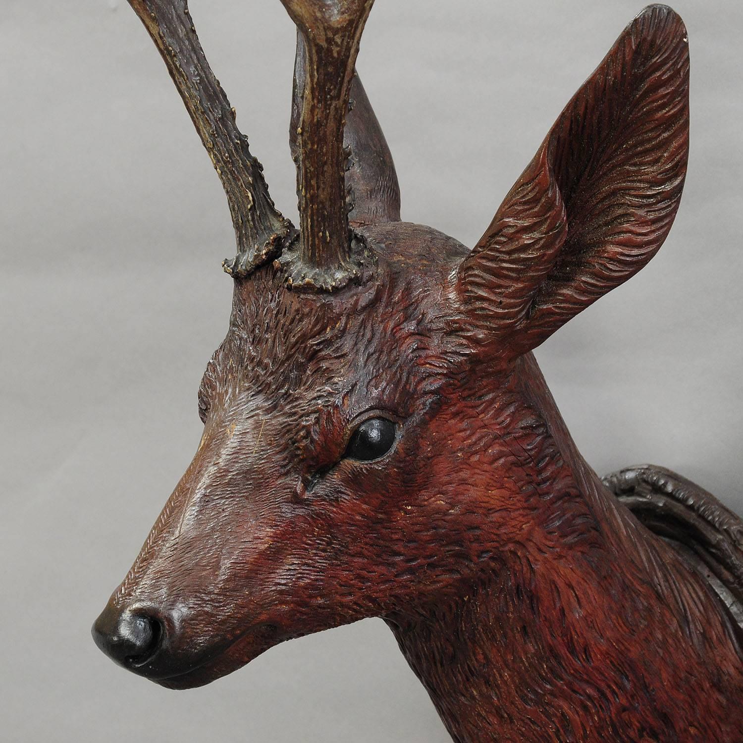 Black Forest Carved Wood Deer Head with Real Antlers at 1stdibs
