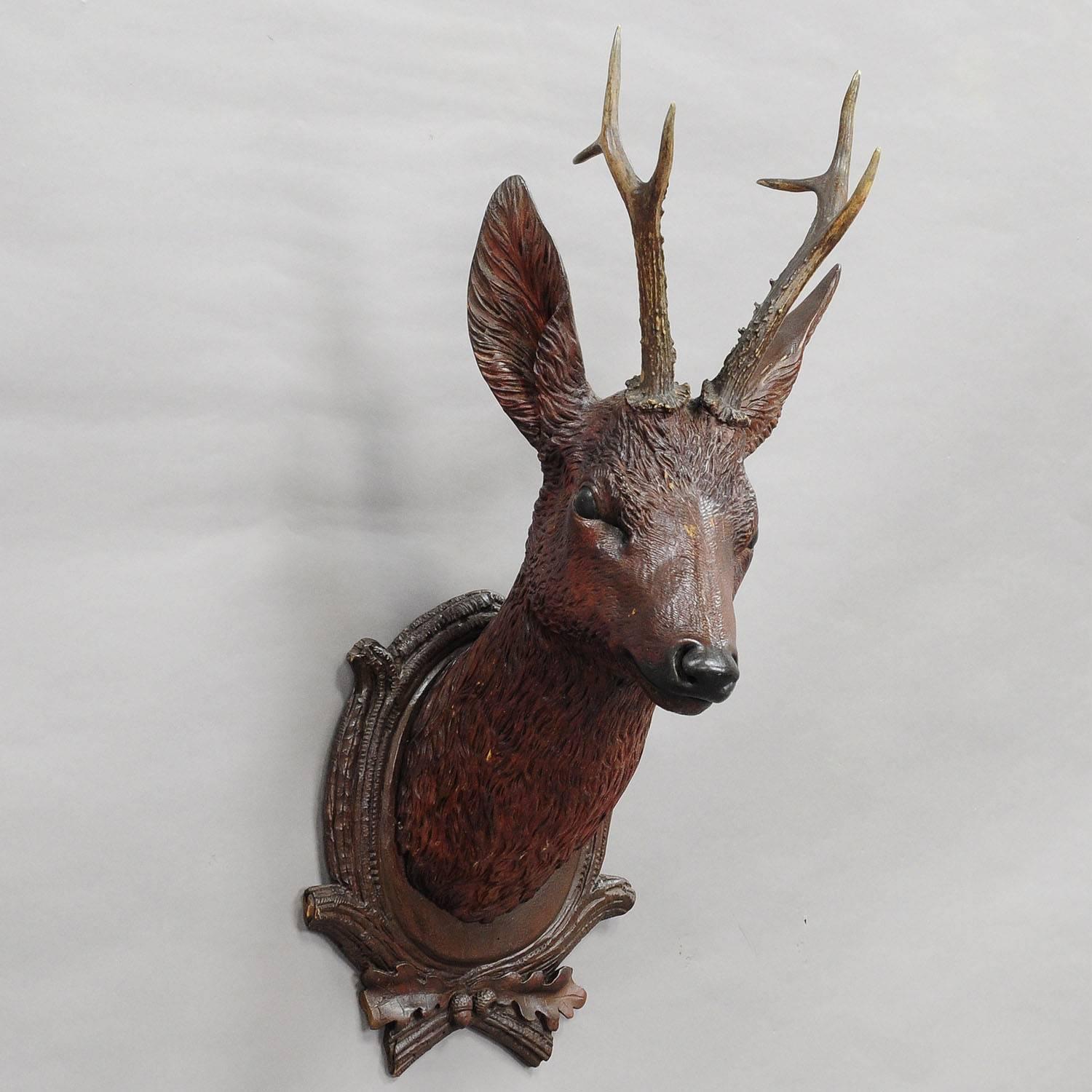 German Black Forest Carved Wood Deer Head with Real Antlers